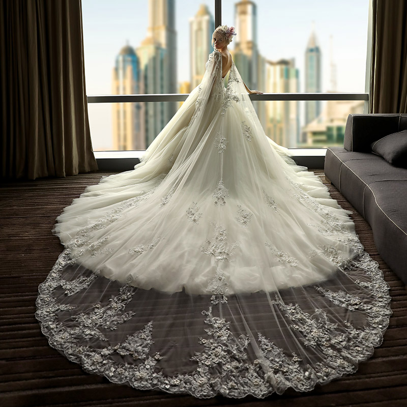 Boho Wedding Dress V Neck Lace Appliques Beach Bride Dresses Backless With Puff Tulle Wrap Wedding Gowns Long Train Floor Length