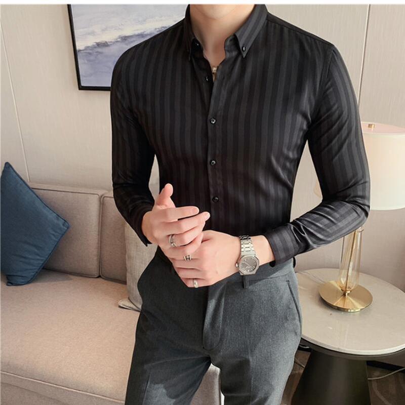 Men's Casual Shirts Masculina Spring Shirts Men Dress Vertical Stripe Streetwear Slim Men Shirt Casual Long Sleeve Chemise Homme Tuxedo Shirt 220