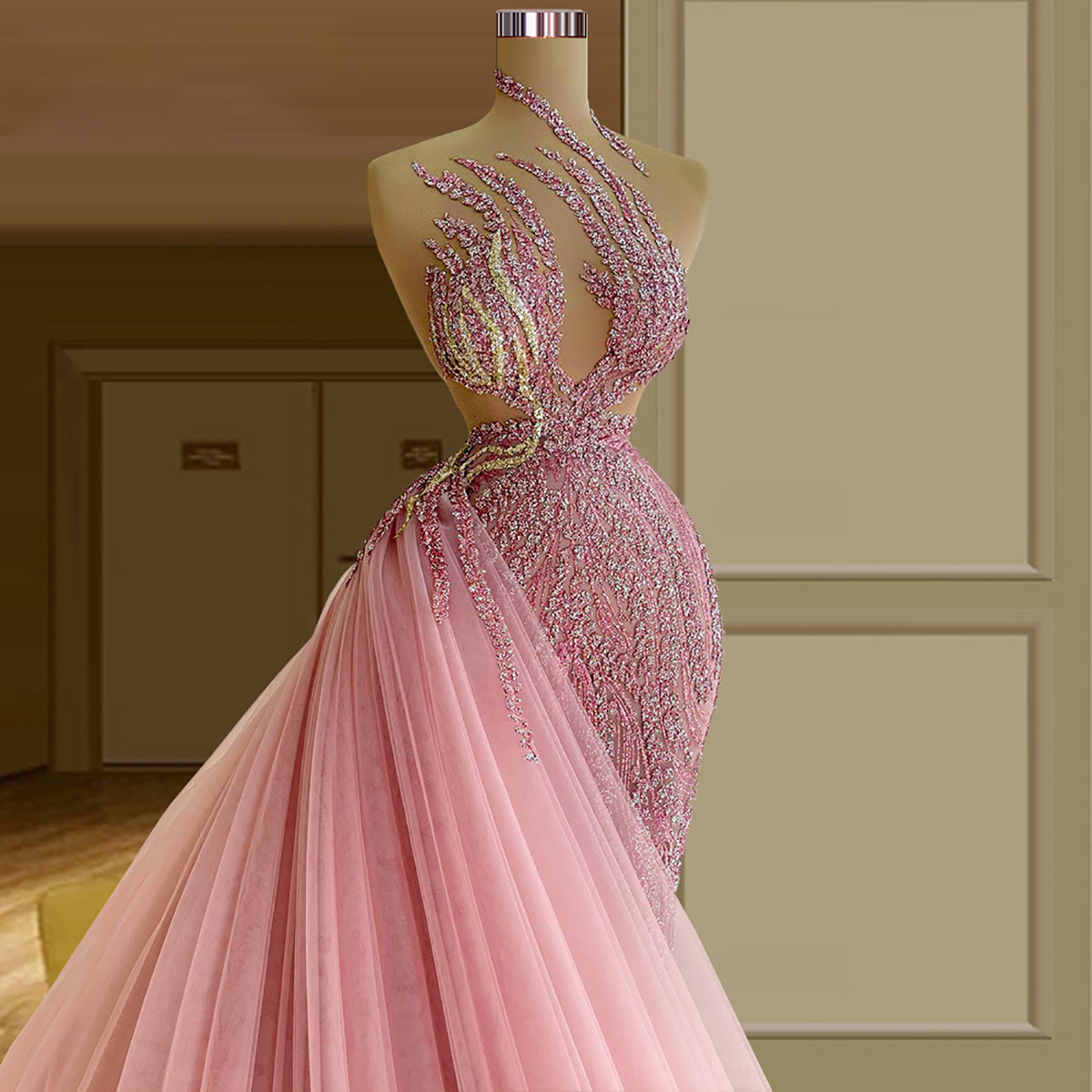 Sexy Illusion Evening Dresses Sequined Mermaid African Dubai Prom Dress Detachable Train Sleeveless Formal Party Gowns