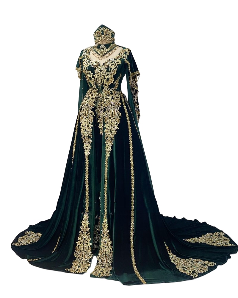 Hunter Green Burgundy Velvet Prom Formal Dress with Cape Jacekt Moroccan Caftan Gold Lace Beaded Kaftan Arabic Evening Gown