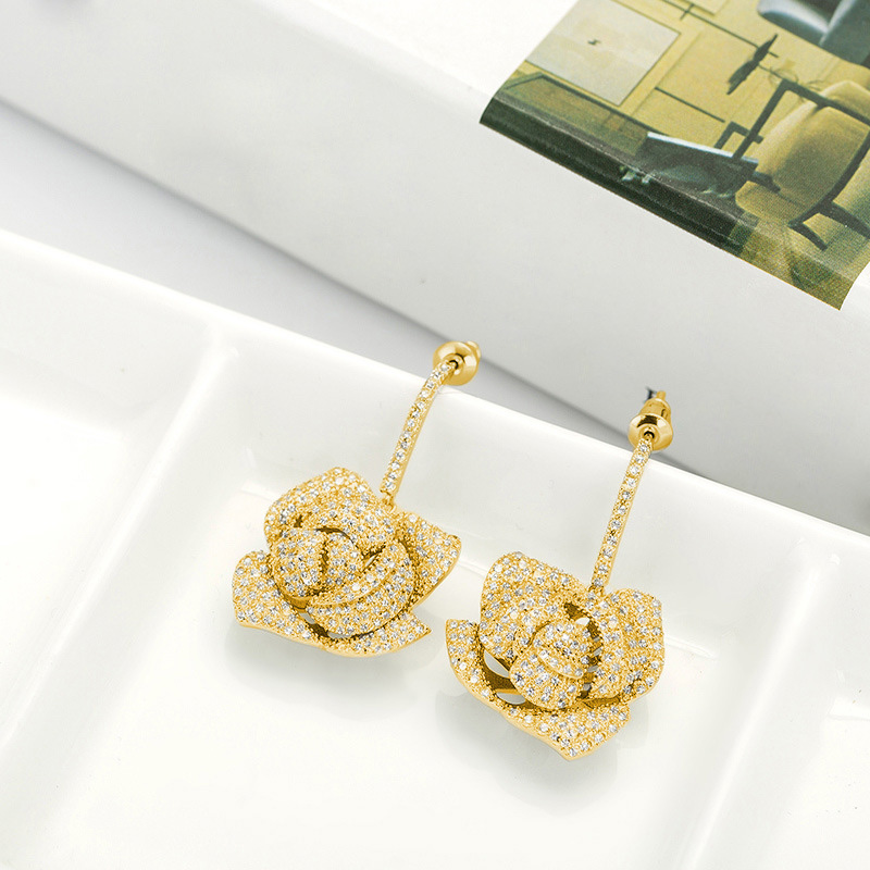 Bling S925 Silver Needle Rose Flower Dangle Drop Earrings Wedding Jewelry Women Gift