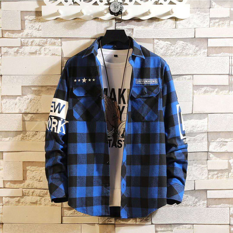 Men's Casual Shirts Men's Streetwear Thick Shirts Men Clothing Harajuku Color Block Plaid Shirt Long Sleeve Male Vintage Korean Fashions Clo