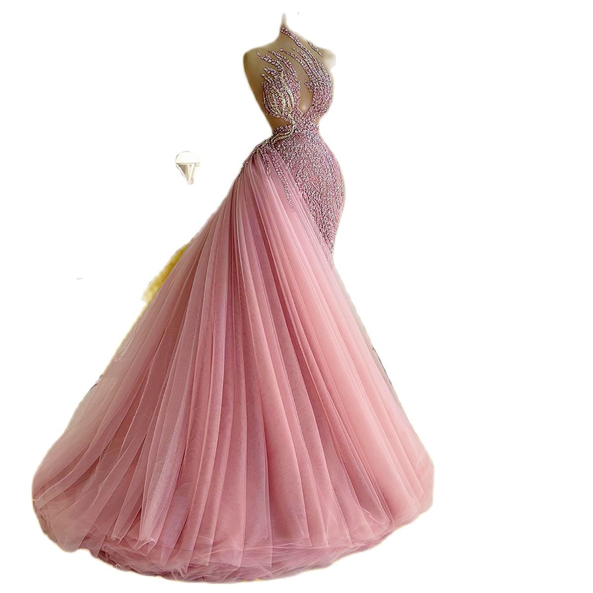 Sexy Illusion Evening Dresses Sequined Mermaid African Dubai Prom Dress Detachable Train Sleeveless Formal Party Gowns