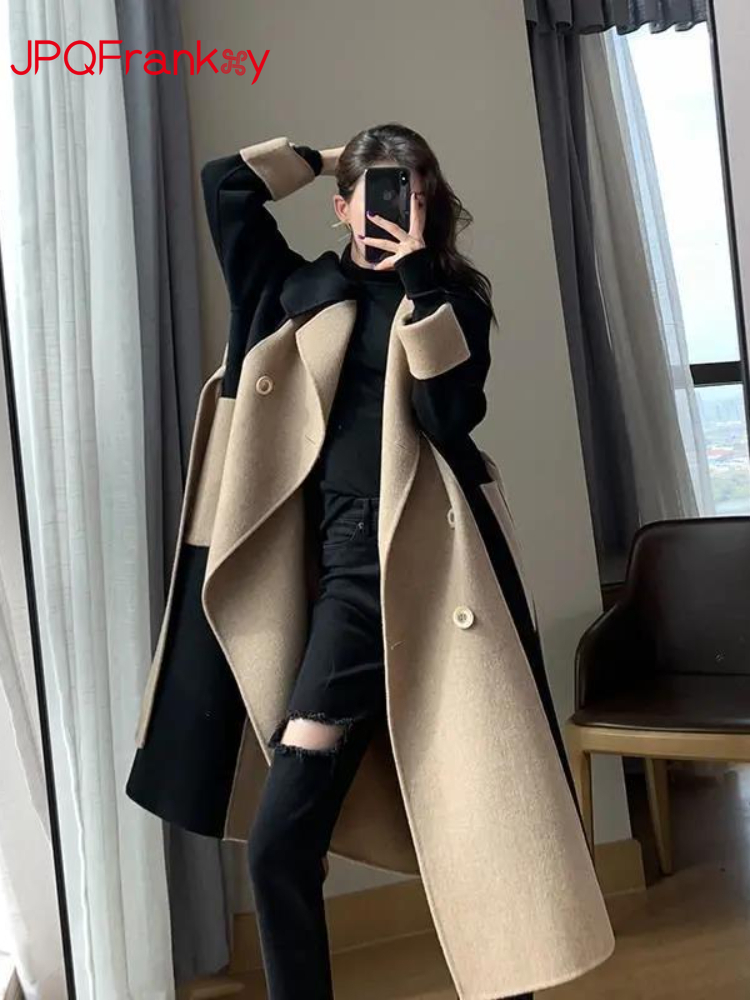 Women's Wool Blends Woolen Coat Women's Fashion Versatile Coat Women's Spring and Autumn Style Temperament Button Medium Length Trench 