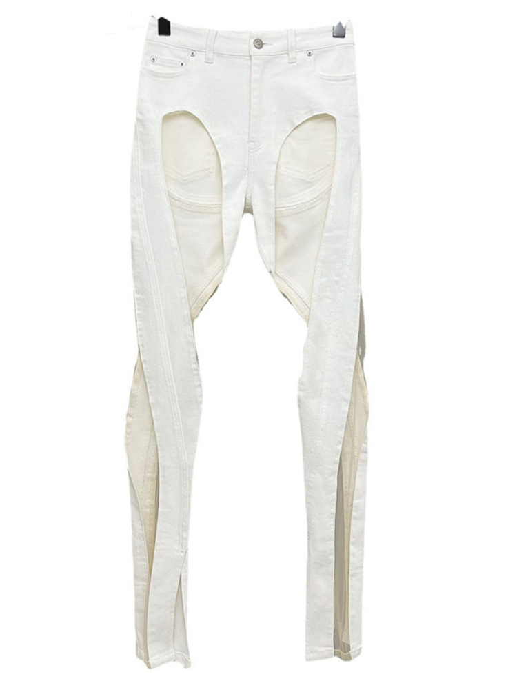 Women's Jeans DEAT Run Way Fashion Women Denim See Throw Sexy Full Length Half Big Hole Jeans Female Pants Slim WY14000L 220908