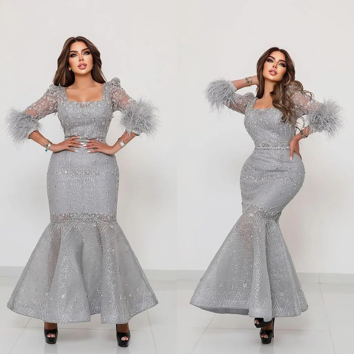 Silver Mermaid Evening Dresses Long Sleeves Bateau Neck Feather Lace Appliques Shiny Sequins Beaded Floor Length Celebrity Plus Size Party Gowns Prom 