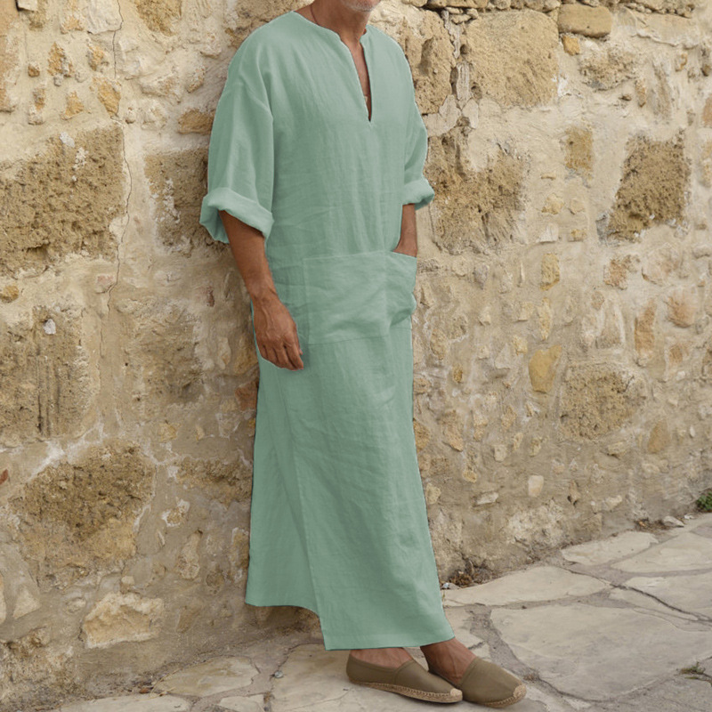 Men's Casual Shirts Plus Size S-5XL Men's Muslim Robe V-neck Casual Soild Cotton/Linen Pockets Loose Long Sleeve Vintage Arab Ethnic Islamic