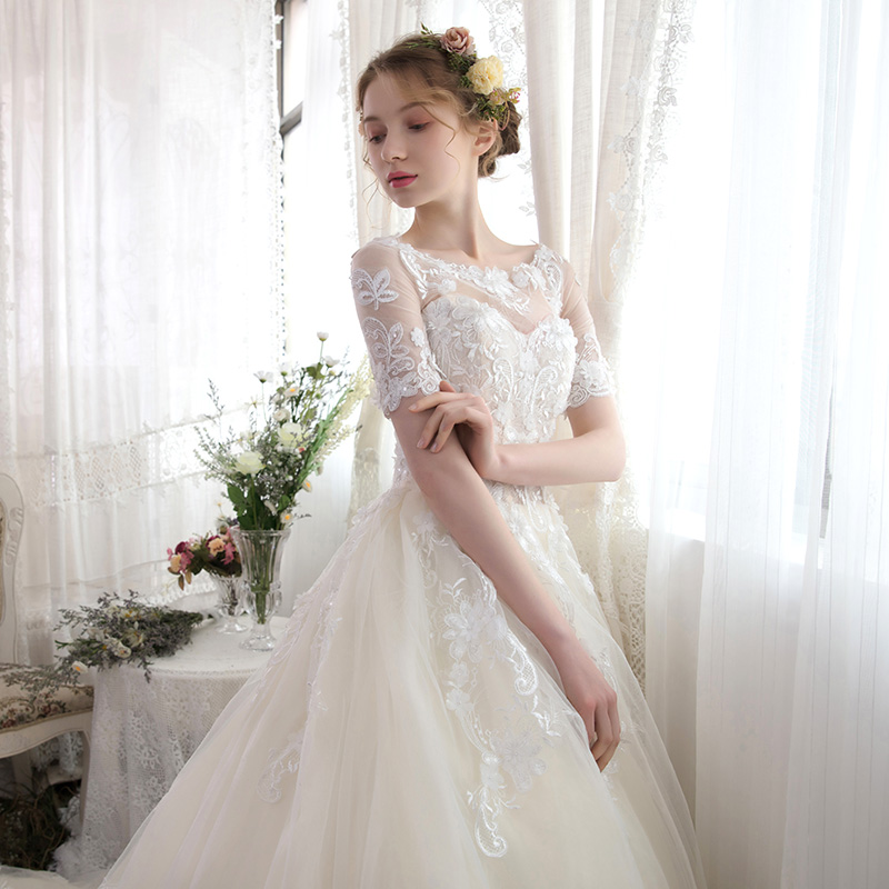 A Line Wedding Dresses Bridal Gowns Short Sleeves Sping Garden Country Bride Dress Sheer Scoop Neck Appliques Lace Vestido De Novia Plus Size