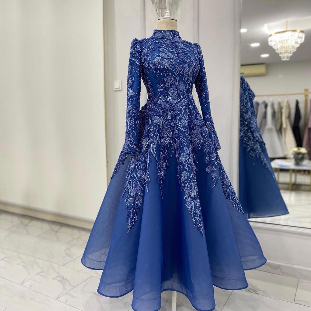 Blue Muslim Prom Dresses Appliqued High Neck Long Sleeve Evening Gowns A Line Ankle Length Special Occasion Formal Wear