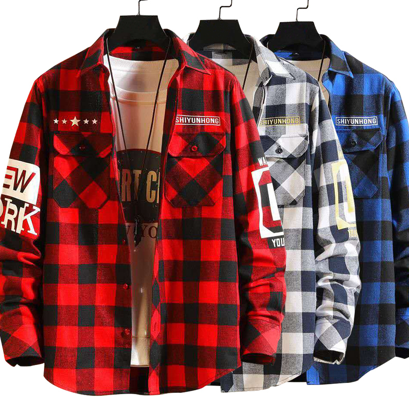 Men's Casual Shirts Men's Streetwear Thick Shirts Men Clothing Harajuku Color Block Plaid Shirt Long Sleeve Male Vintage Korean Fashions Clo