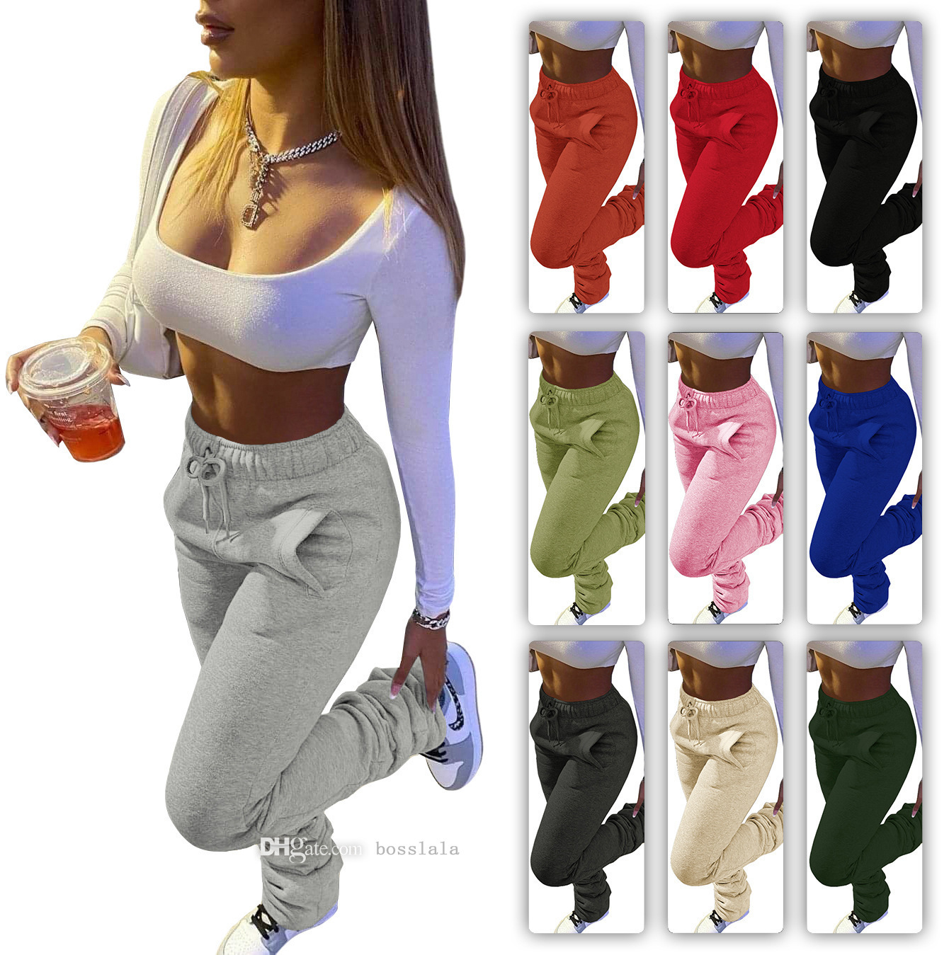 Fall Winter Women Sweatpants Stacked Pants High Waist Leggings Fleece Drawstring Trousers With Pockets