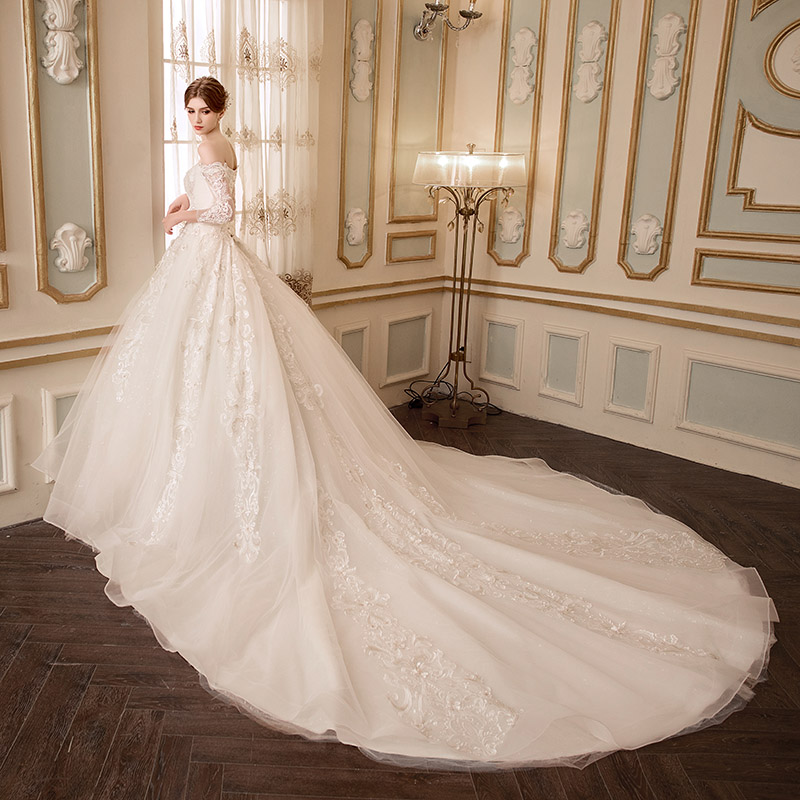 Elegant A Line Wedding Dresses Off Shoulder Bling Sequined Beading Lace Appliques Long Sleeve Lace Up Bridal Gowns Vestidos De Novia