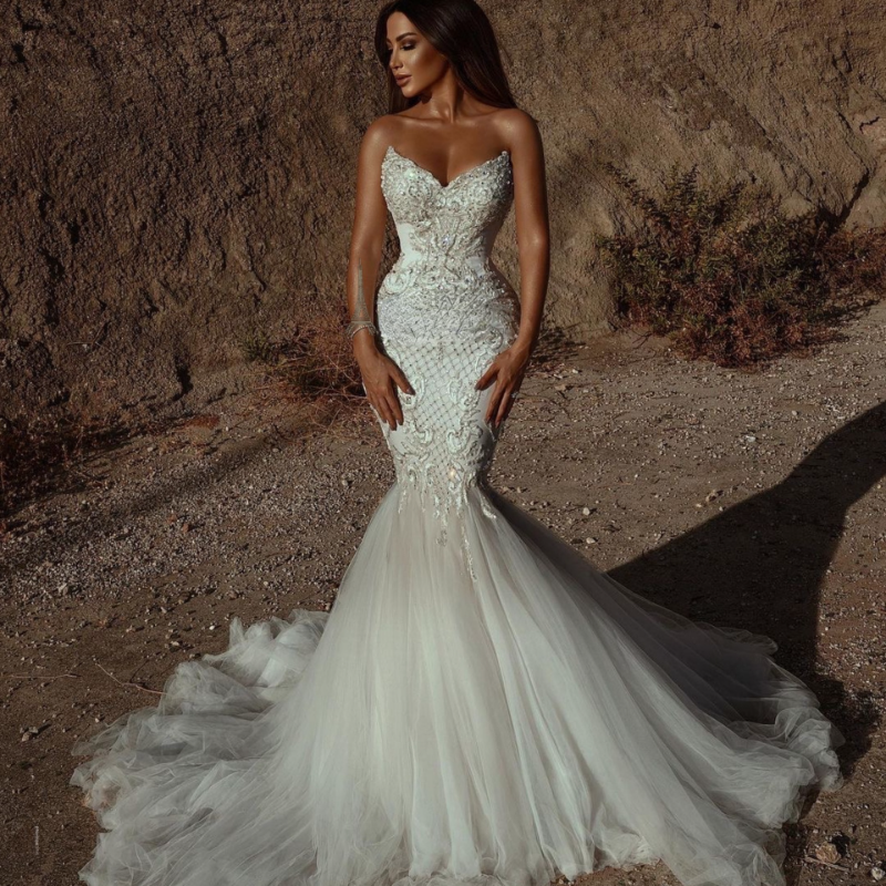 Lace Mermaid Wedding Dresses 2024 Tulle Lace Applique Beaded Crystals off shoulder Wedding Bridal Gowns handmade beaded crystals plus size sexy mermai