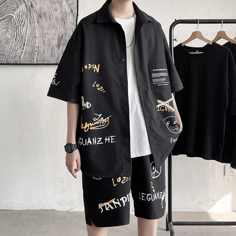 Men's Tracksuits Summer Shorts Sets Men Casual Letter Graffiti Print Short Sleeve Clothes Patchwork Large Size Shirt Suits Man Black Beige 220909