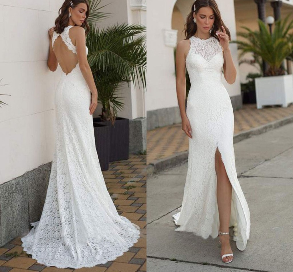Lace Full Romantic Beach Mermaid Wedding Dress Jewel Neck Side Split Sweep Train Satin Bohemian Bridal Gown Custom Made