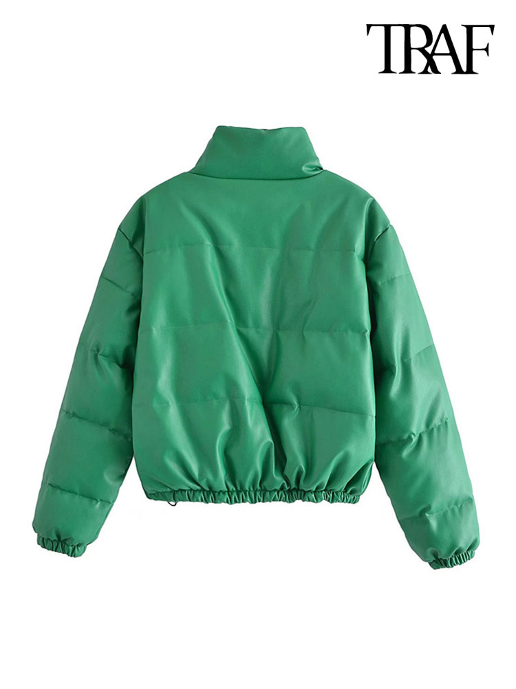Women's Down Parkas TRAF Women Fashion Faux Leather Thick Warm Padded Jacket Coat Vintage Long Sleeve Elastic Hem Female Outerwear Chic Tops 2209