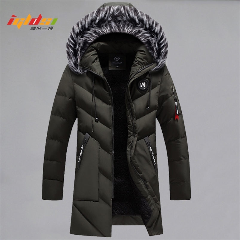 Men's Down Parkas Men's Winter Casual Thick Fleece Long Parkas Windproof Warm Fur Collar Jacket Coat Male Fashion Hooded Outdoor Cotton Park