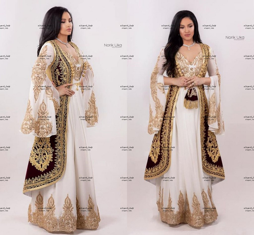 Traditional Albanian Bride Wedding Dresses with Burgundy Jacket Two Pieces Long Sleeve Gold Lace Caftan Kaftan Arabic Bridal Gown