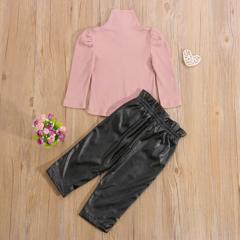 Clothing Sets Children Girls Spring Autumn Clothes Sets Outfit 2pcs Solid Long Sleeve Pullover Tops PU Leather Pants Kid Clothing Sets 220909