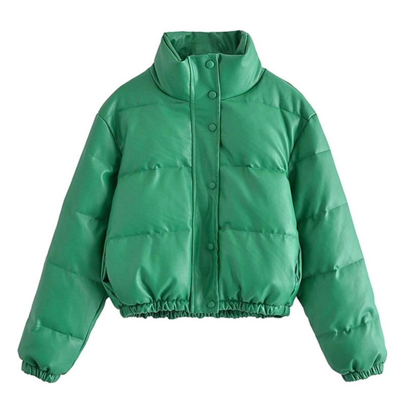 Women's Down Parkas TRAF Women Fashion Faux Leather Thick Warm Padded Jacket Coat Vintage Long Sleeve Elastic Hem Female Outerwear Chic Tops 2209