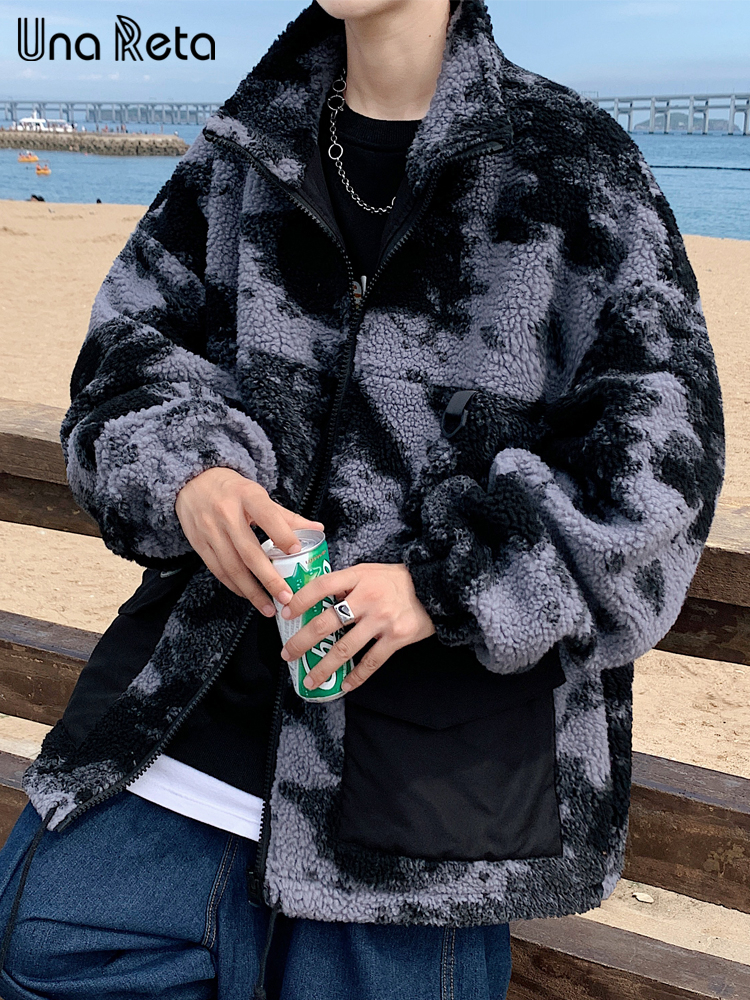 Men's Down Parkas Una Reta Tie Dye Winter Men's Coat Lamb Wool Parka Coat Loose Men Clothing Grain Fleece Thick Men's Jacket Coat 22090