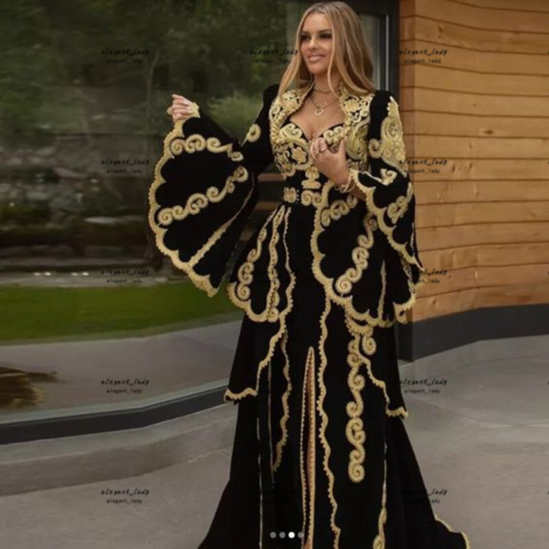 Traditional Kosovo Albanian Prom Formal Dresses 2023 Black Gold Lace Muslim Arabic Long Sleeve Jacket Caftan Evening Gown vestido De Fiesta