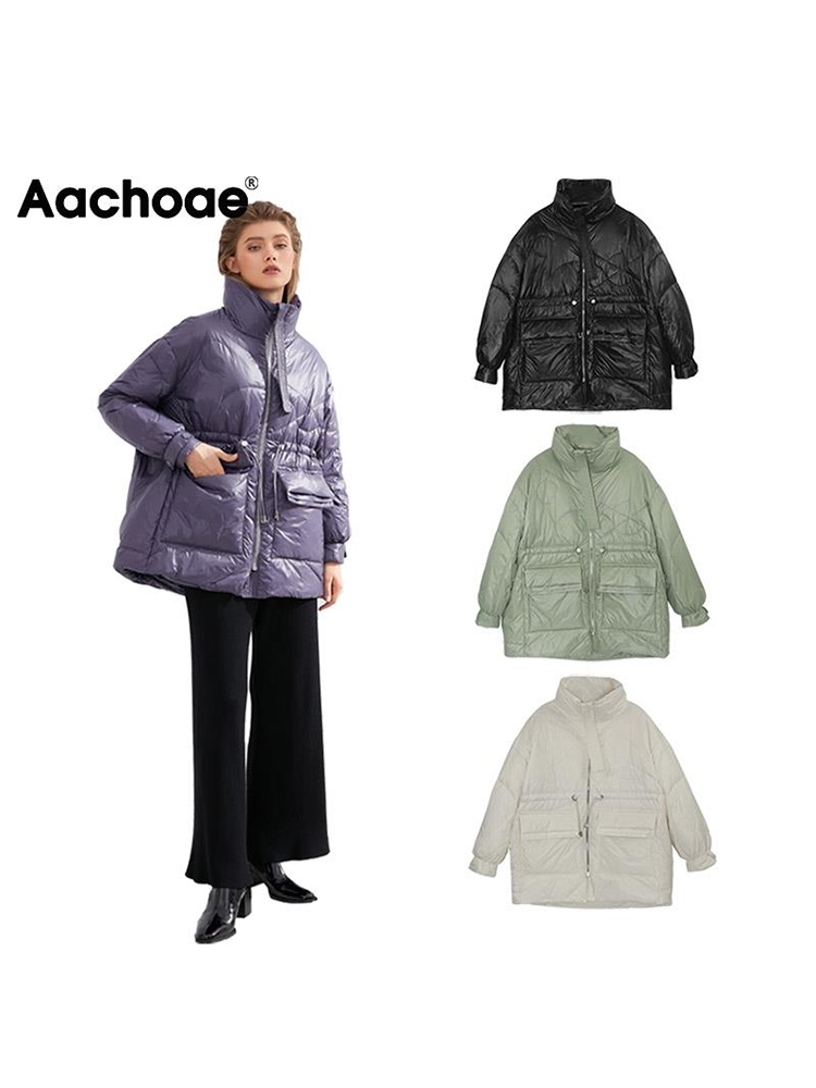 Women's Down Parkas Aachoae Pure Winter Lightweight Down Jacket Women Thick Warm Batwing Long Sleeve Loose Doudoune Pocket Ultra Light Duck Down 