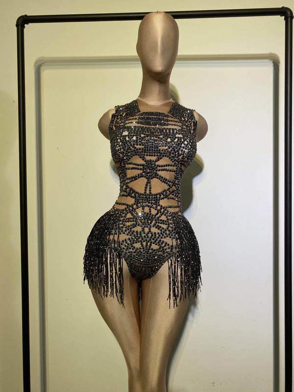 Women's Jumpsuits Rompers Fashion Tight Fitting Crystal Tassel Nude Dancer Bodysuit Women Sleeveless Elastic Leotard Nightclub DS Dance Outfits 2