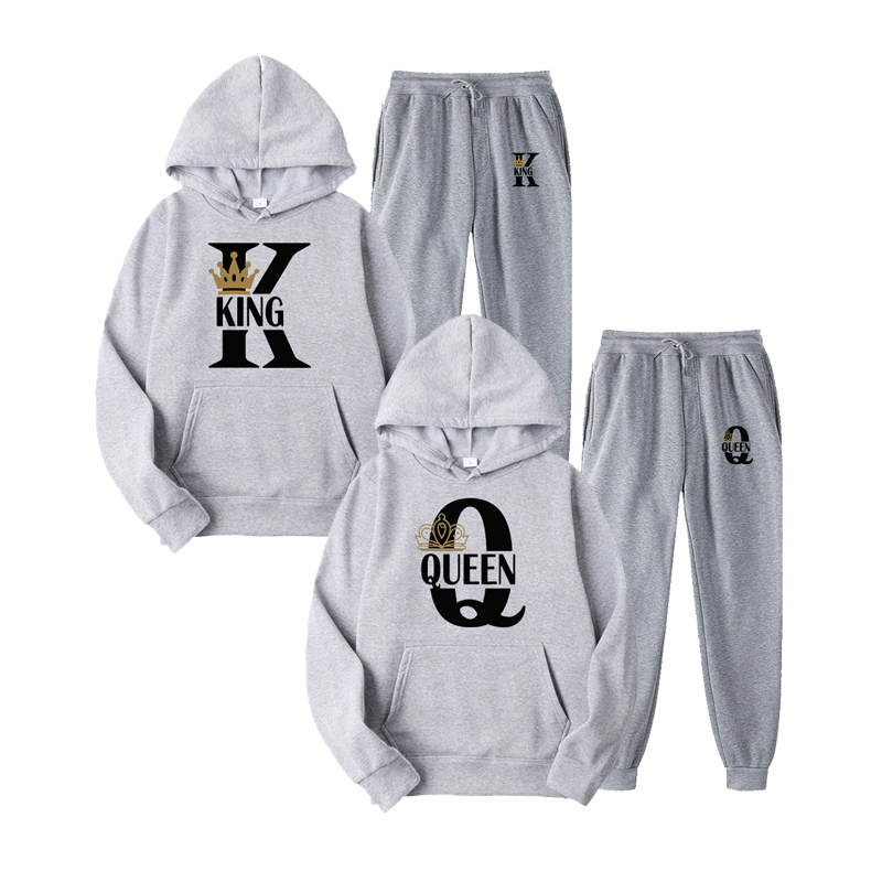 Men's Tracksuits Fashion Couple Sportwear Set KING or QUEEN Printed Lover Hooded Suits Hoodie and Pants 2pcs Set Streetwear Men Women Cloths 2209