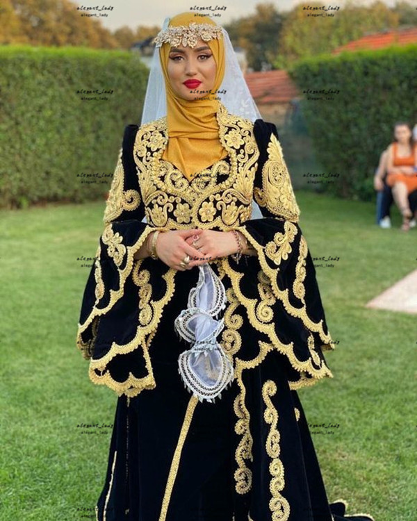 Traditional Kosovo Albanian Prom Formal Dresses 2023 Black Gold Lace Muslim Arabic Long Sleeve Jacket Caftan Evening Gown vestido De Fiesta
