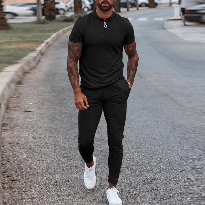 Men's Tracksuits Fashion Solid Mens Clothes Summer 2 Piece Set Men Turn-down Collar Zipper Tops And Drawstring Pants Outfit Casual Suits 3XL 2209