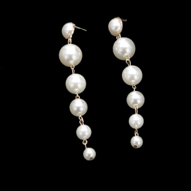 Long Dangle Simulated White Pearl Earrings Elegant Round Ball Pearl Drop Earring for Women Wedding Jewelry