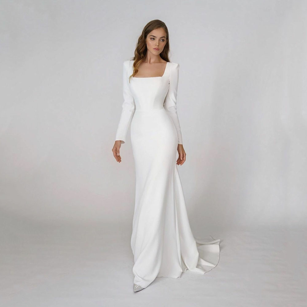 Elegant Satin Wedding Dress 2024 Modern Square Neck Long Sleeves Backless Mermaid Bridal Gowns Women New Vestido De Noiva