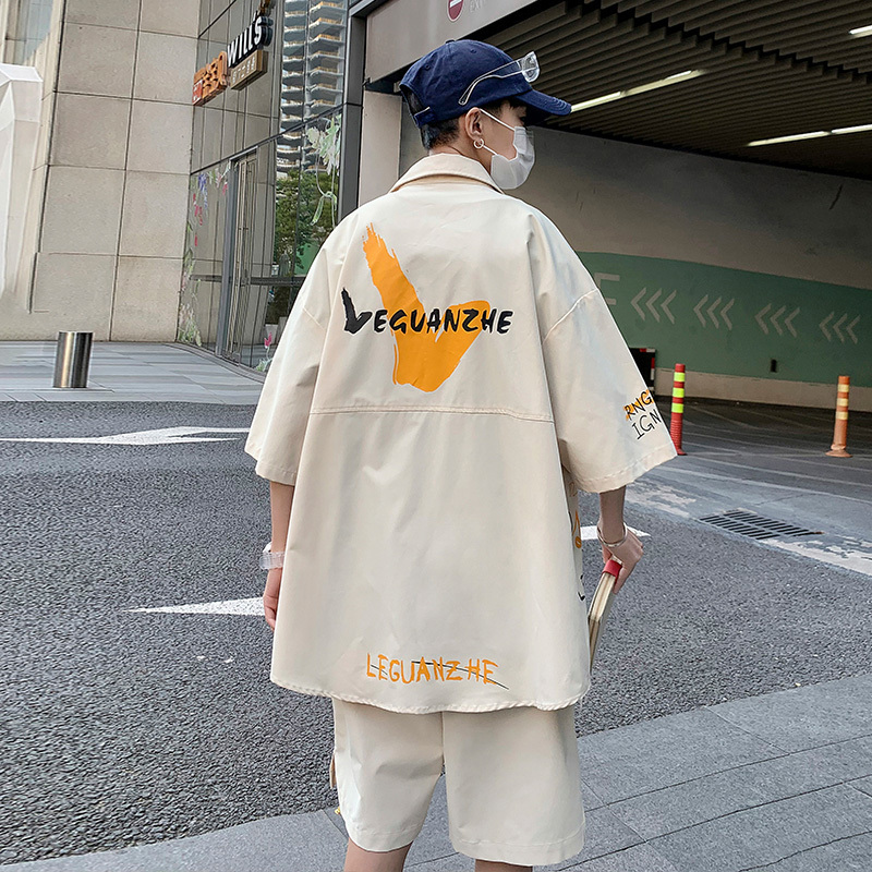 Men's Tracksuits Summer Shorts Sets Men Casual Letter Graffiti Print Short Sleeve Clothes Patchwork Large Size Shirt Suits Man Black Beige 220909