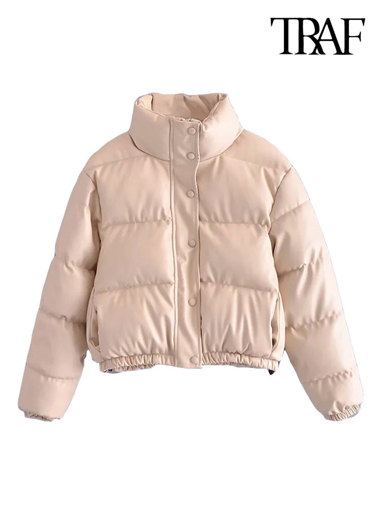 Women's Down Parkas TRAF Women Fashion Faux Leather Thick Warm Padded Jacket Coat Vintage Long Sleeve Elastic Hem Female Outerwear Chic Tops 2209