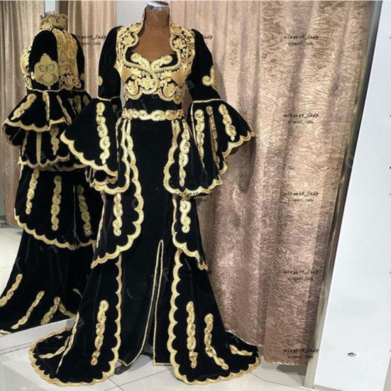 Traditional Kosovo Albanian Prom Formal Dresses 2023 Black Gold Lace Muslim Arabic Long Sleeve Jacket Caftan Evening Gown vestido De Fiesta