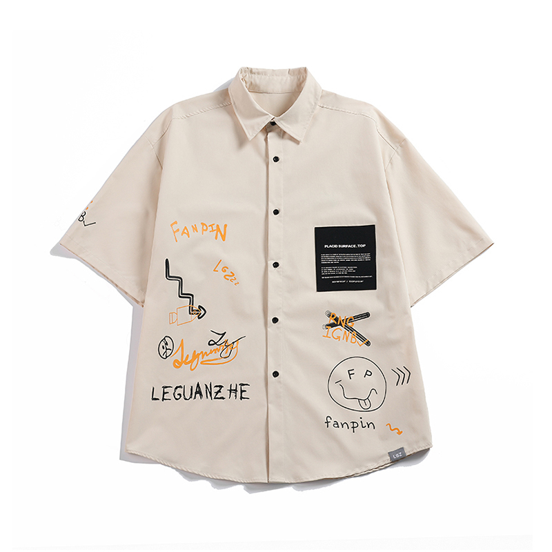 Men's Tracksuits Summer Shorts Sets Men Casual Letter Graffiti Print Short Sleeve Clothes Patchwork Large Size Shirt Suits Man Black Beige 220909