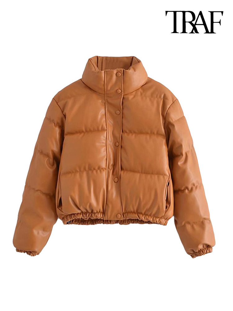 Women's Down Parkas TRAF Women Fashion Faux Leather Thick Warm Padded Jacket Coat Vintage Long Sleeve Elastic Hem Female Outerwear Chic Tops 2209