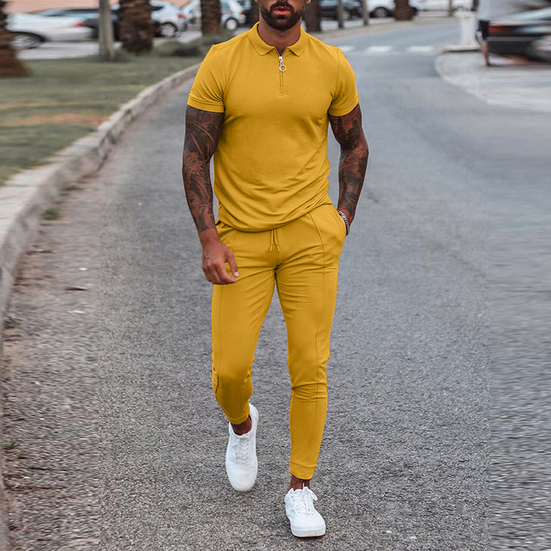 Men's Tracksuits Fashion Solid Mens Clothes Summer 2 Piece Set Men Turn-down Collar Zipper Tops And Drawstring Pants Outfit Casual Suits 3XL 2209