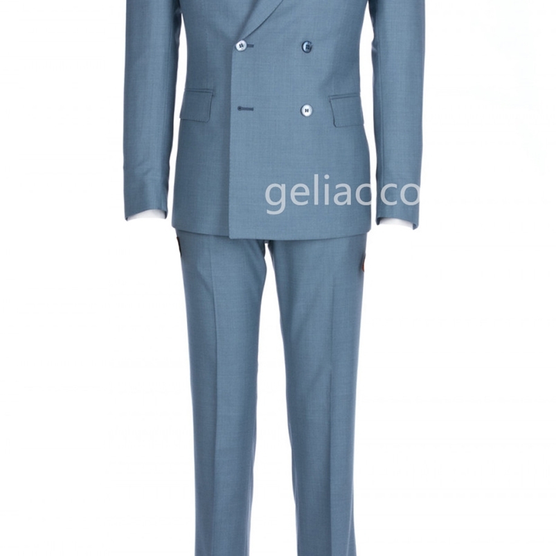 Men's Suits Blazers Blue Slim Fit Men Suits with Double Breasted Peaked Lapel Slim Fit Groom Tuxedos for Wedding Prom 2 piece Man Suit Set 220909