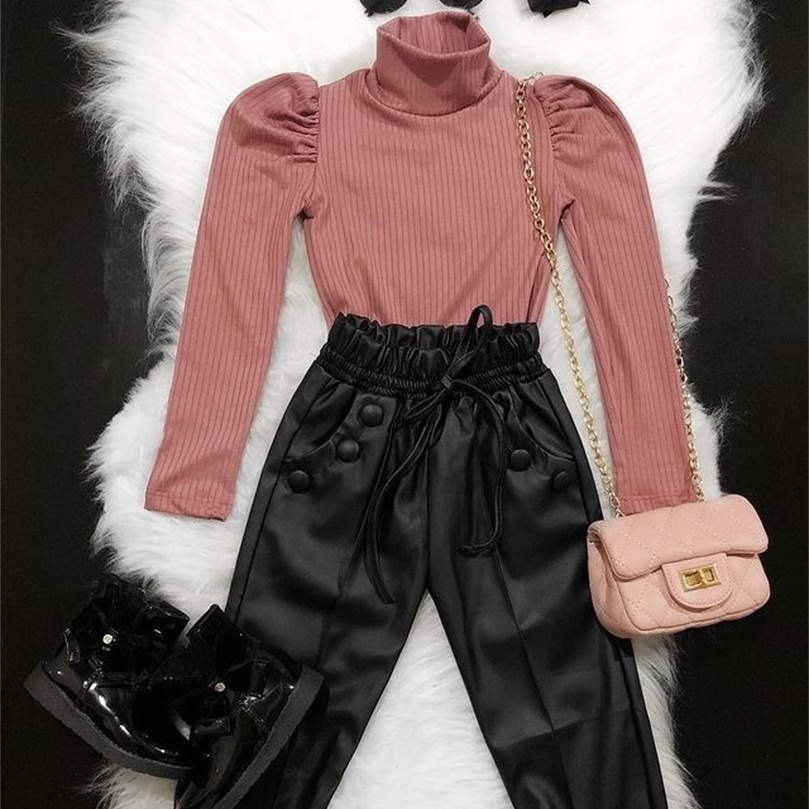 Clothing Sets Children Girls Spring Autumn Clothes Sets Outfit 2pcs Solid Long Sleeve Pullover Tops PU Leather Pants Kid Clothing Sets 220909