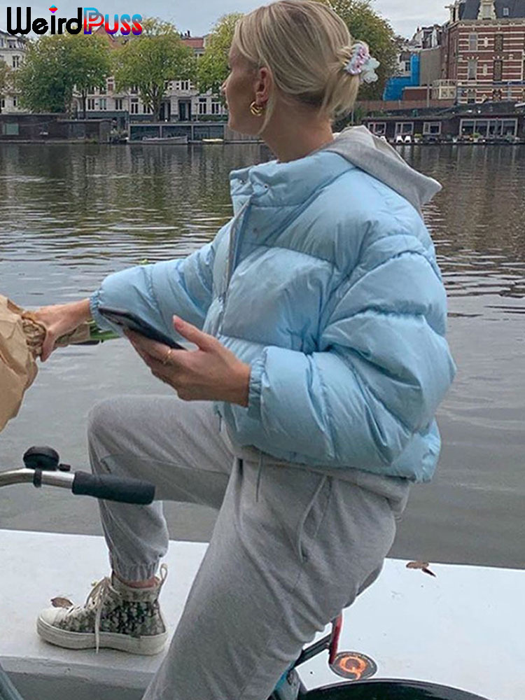 Women's Down Parkas OrangeA Women Short Puffer Jacket Cotton-Padded Thick Drawstring Parkas Zipper Winter Bubble Coat Warm Casual Street Outfits 