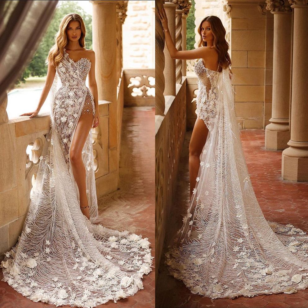 Sexy Illusion Dress One Shoulder High Split Appliqued Beach Wedding Gowns Backless Vestido De Noiva Custom Made