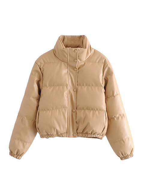 Women's Down Parkas TRAF Women Fashion Faux Leather Thick Warm Padded Jacket Coat Vintage Long Sleeve Elastic Hem Female Outerwear Chic Tops 2209