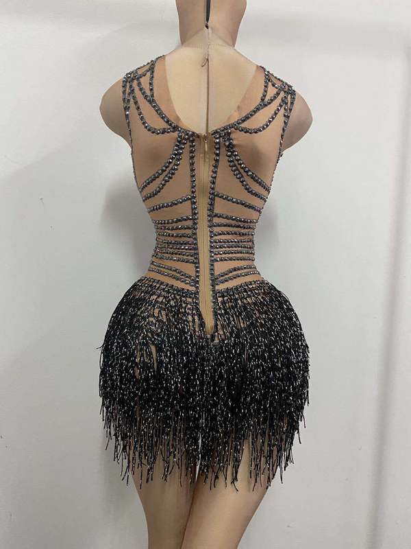 Women's Jumpsuits Rompers Fashion Tight Fitting Crystal Tassel Nude Dancer Bodysuit Women Sleeveless Elastic Leotard Nightclub DS Dance Outfits 2