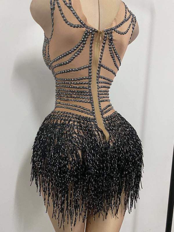 Women's Jumpsuits Rompers Fashion Tight Fitting Crystal Tassel Nude Dancer Bodysuit Women Sleeveless Elastic Leotard Nightclub DS Dance Outfits 2