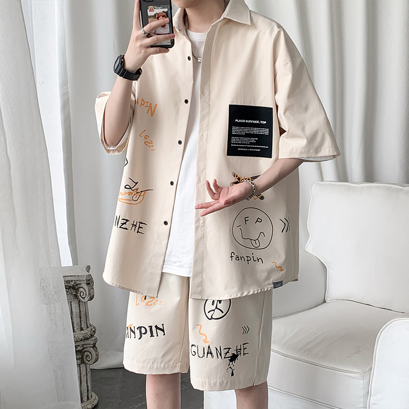 Men's Tracksuits Summer Shorts Sets Men Casual Letter Graffiti Print Short Sleeve Clothes Patchwork Large Size Shirt Suits Man Black Beige 220909