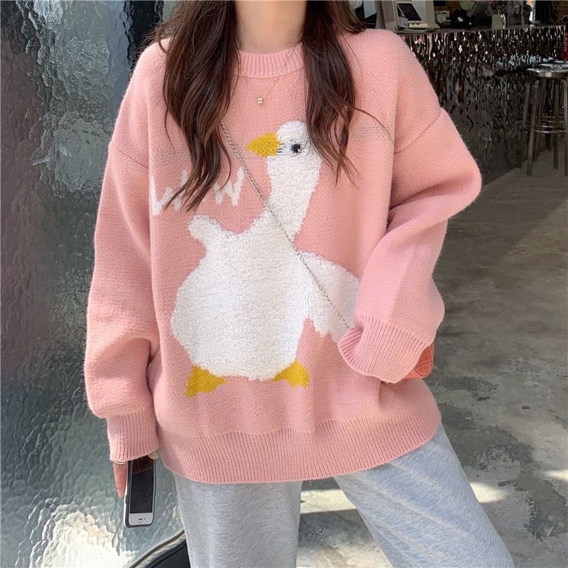 Women s Sweaters Japanese Sweet Cartoon Goose Printed Knitted Sweater Femme Women Autumn Winter Korean Casual O Neck Harajuku Pullover Female 220908