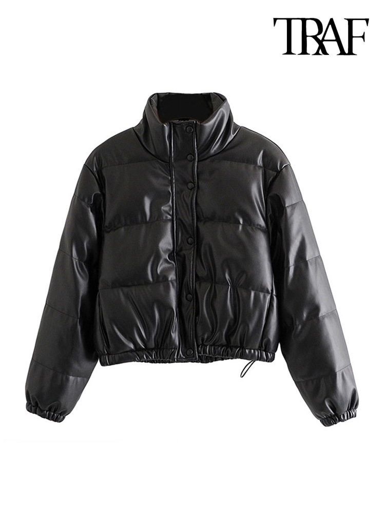 Women's Down Parkas TRAF Women Fashion Faux Leather Thick Warm Padded Jacket Coat Vintage Long Sleeve Elastic Hem Female Outerwear Chic Tops 2209
