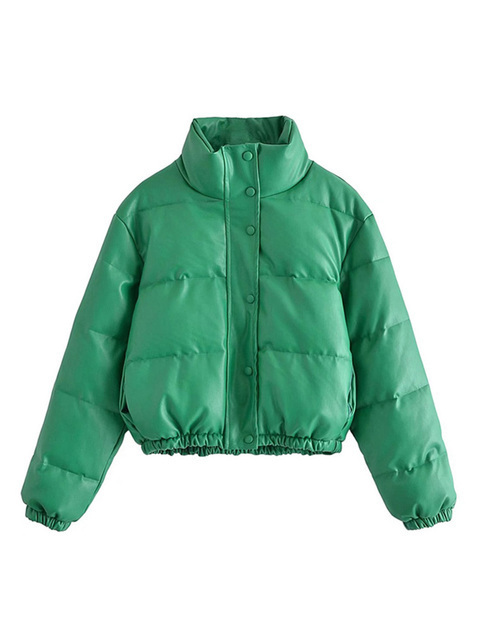 Women's Down Parkas TRAF Women Fashion Faux Leather Thick Warm Padded Jacket Coat Vintage Long Sleeve Elastic Hem Female Outerwear Chic Tops 2209